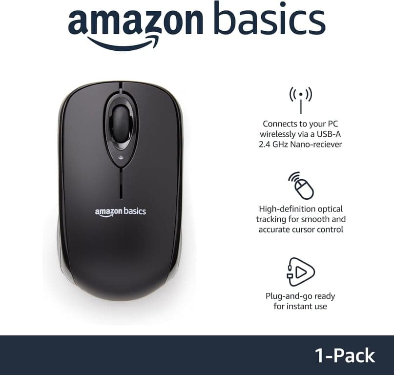 Mouse óptico inalámbrico para computadora Amazon Basics de 2.4 GHz con nano receptor USB, portátil, sin cables, seguimiento suave, compatibilidad con múltiples dispositivos, negro - vista alternativa