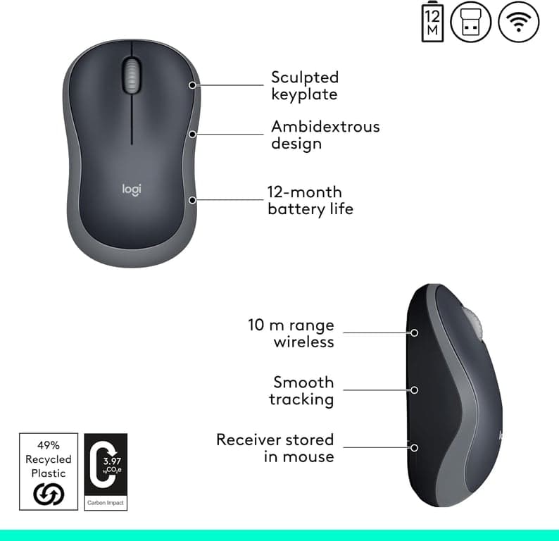 Mouse1 Inalámbrico Logitech M185, 2.4GHz con Mini Receptor USB, 12 Meses de Duración de Batería, Seguimiento Óptico de 1000 DPI, Ambidiestro PC/Mac/Laptop - Gris Rápido - imagen 5